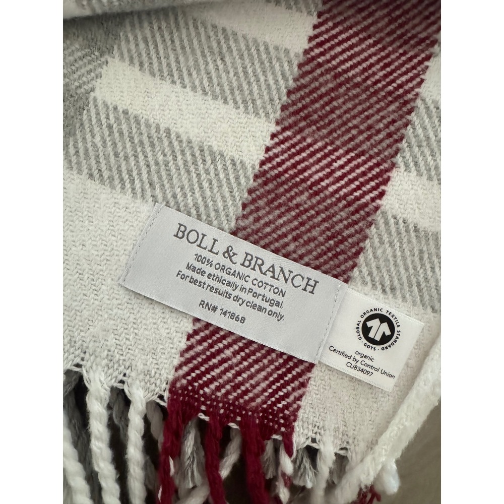 Boll & Branch Organic Cotton Plaid Throw Blanket Red Grey White Fringe 71x56 - Picture 2 of 4